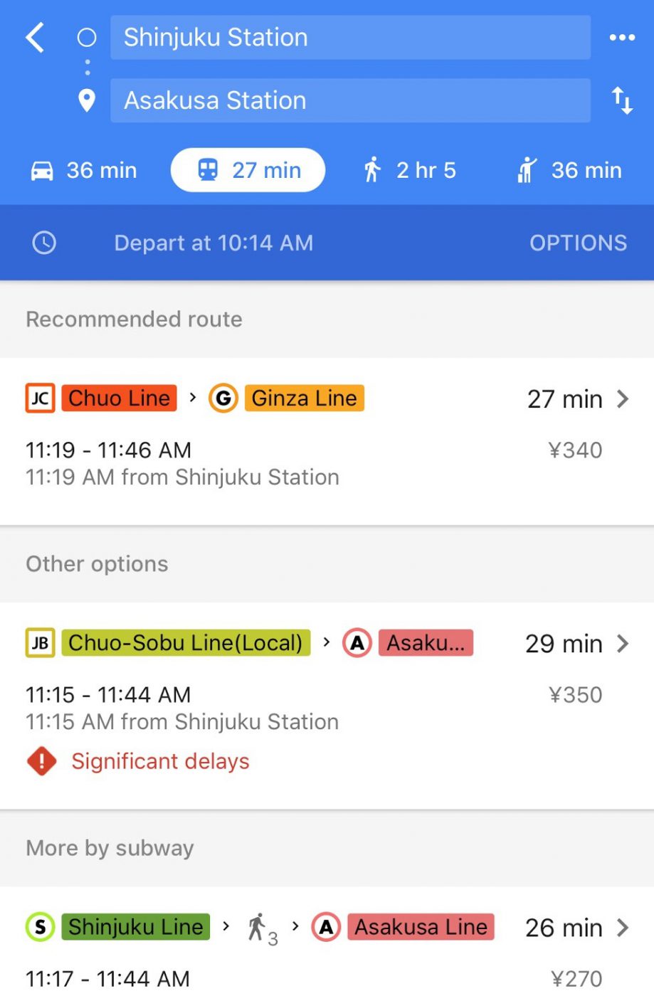 Tokyo Itinerary - Example Tokyo Train Route on Google Maps - Shinjuku to Asakusa