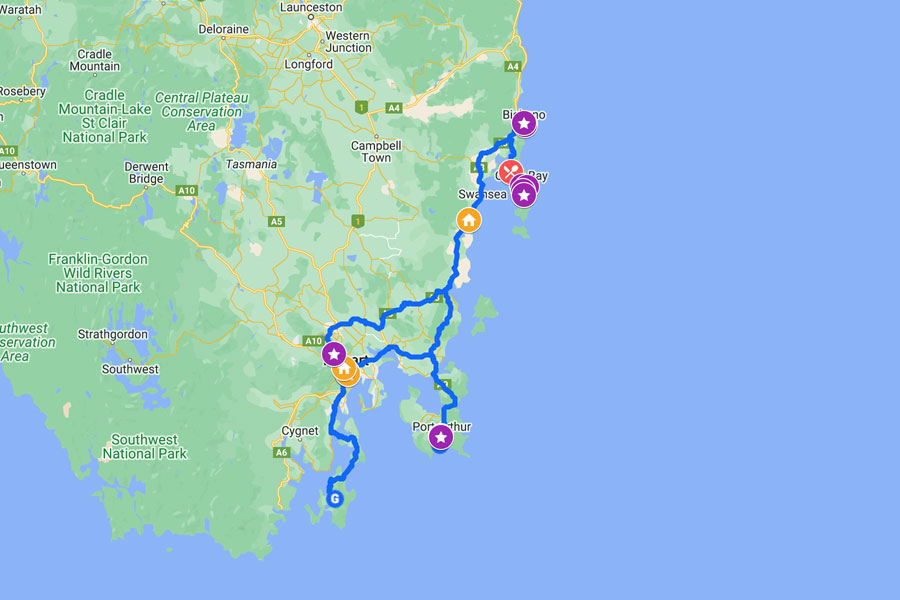 Map of Tasmania Road trip