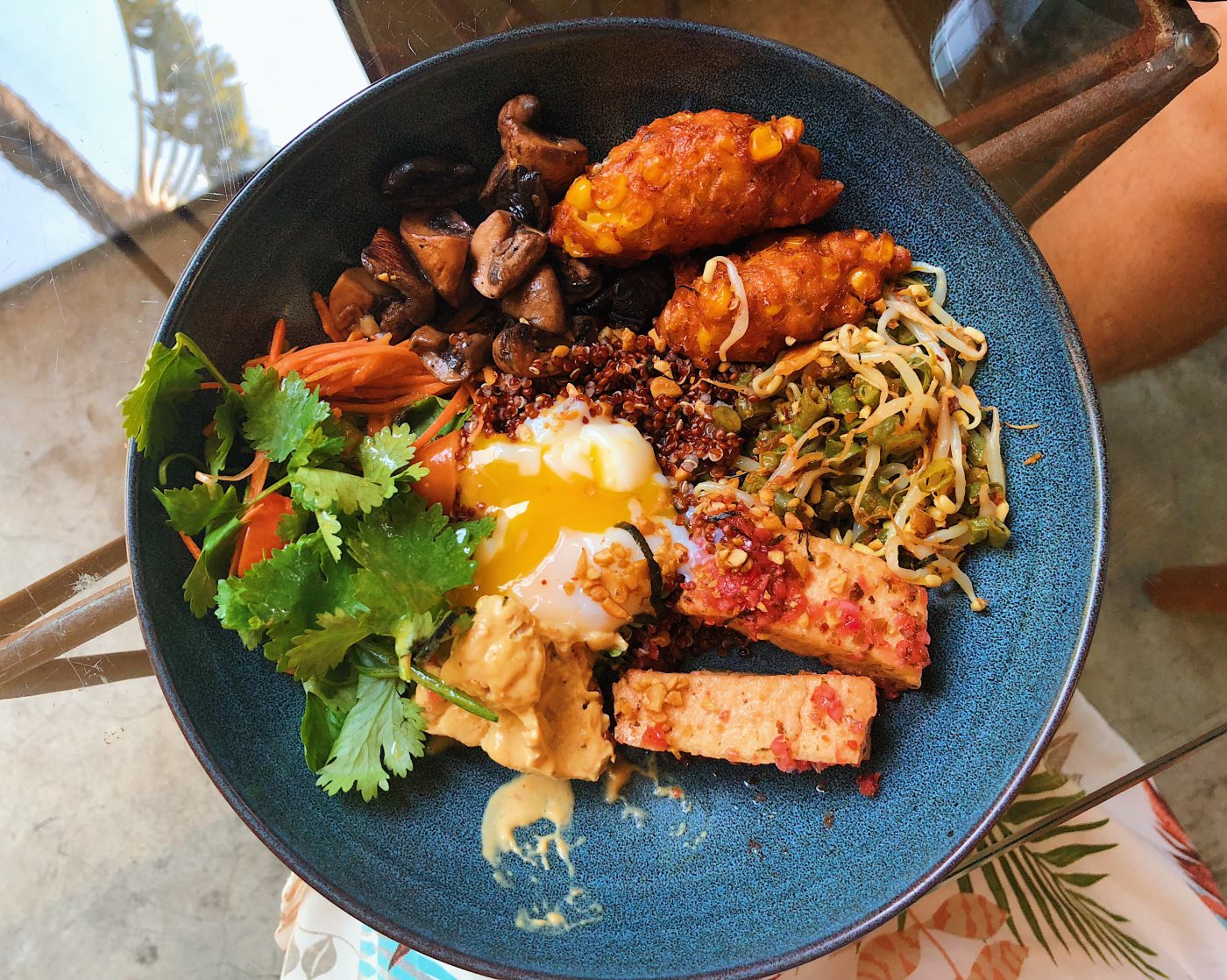 Tofu Rice Bowl at Kilo - tofu, tempe, thai curry, corn fritters, quinoa