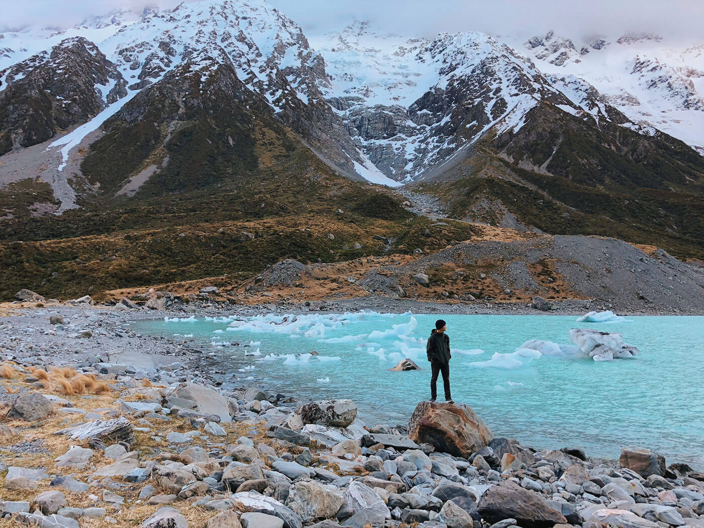Hooker Lake at the end of the Hooker Valley Track