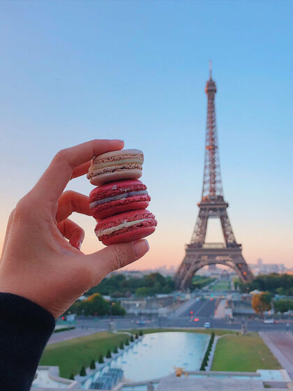 Sunrise overlooking Eiffel tower and French Macarons