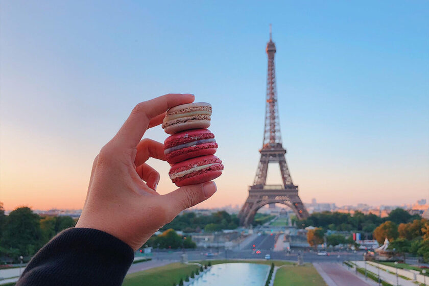 Sunrise overlooking Eiffel tower and French Macarons