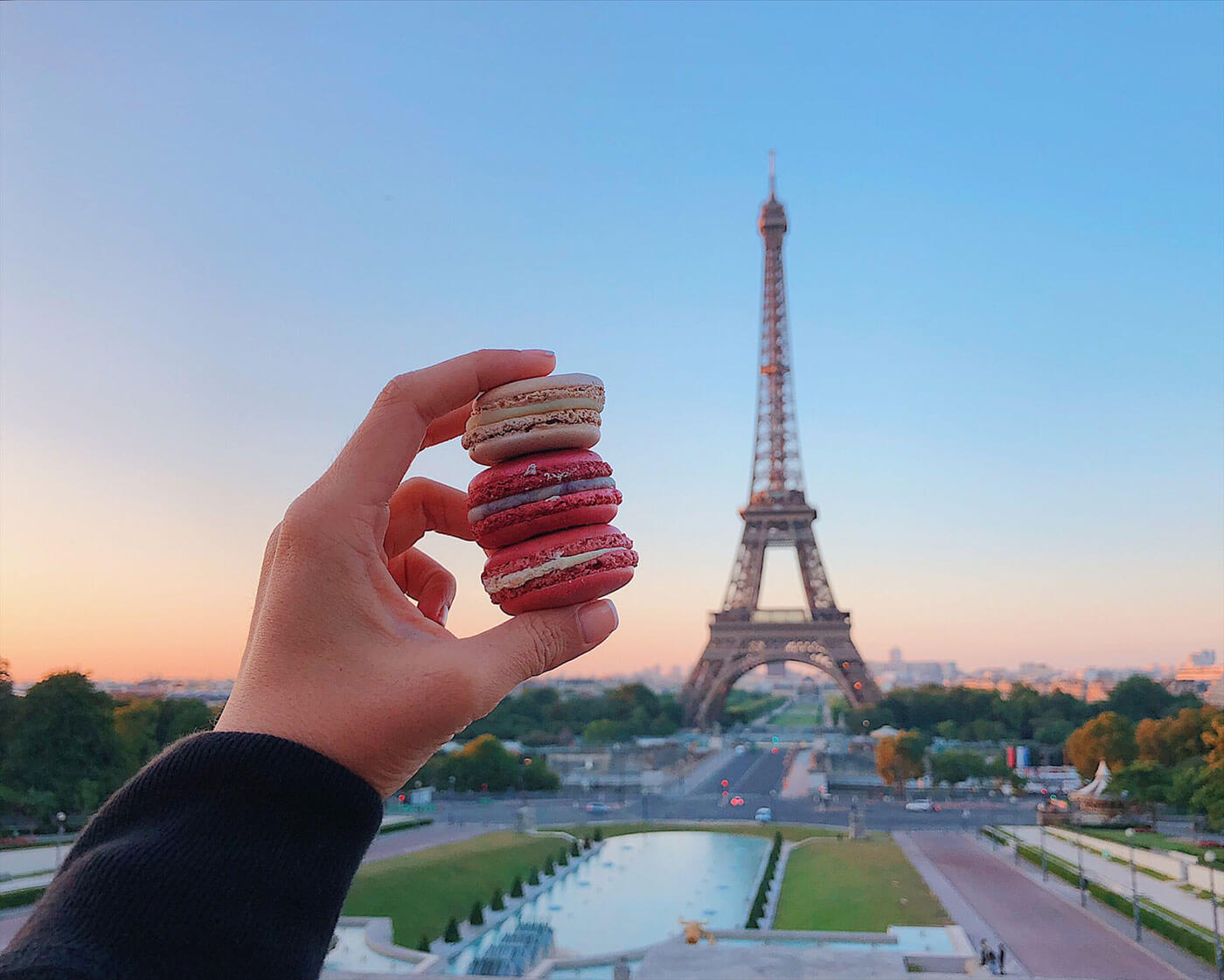 Sunrise overlooking Eiffel tower and French Macarons