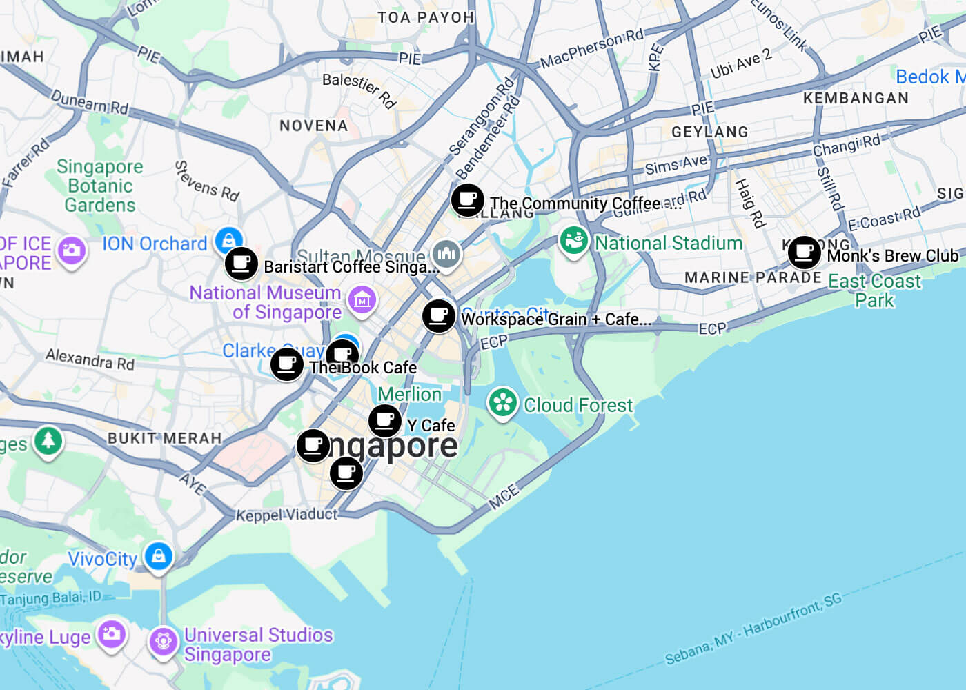 A map of work friendly cafes in Singapore