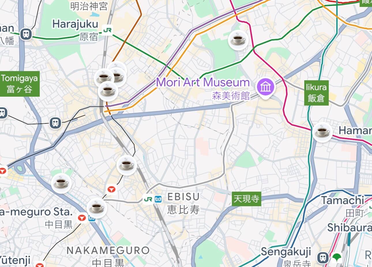 Map of work-friendly cafes around Tokyo