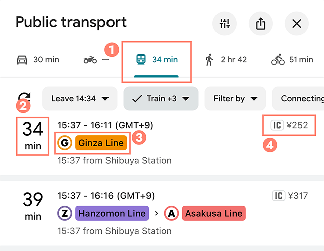 Google Maps route for Shibuya to Ginza